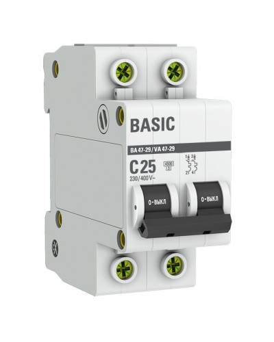 Автоматический выключатель 2P 25А (C) 4,5кА ВА 47-29 Basic (mcb4729-2-25C). Автоматический выключатель. EKF в Керчи