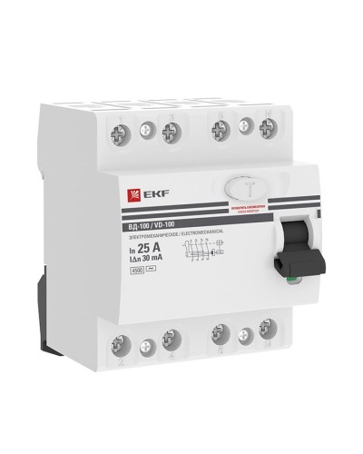 УЗО ВД-100 4P 25А 30мА тип AC эл-мех  PROxima (elcb-4-25-30-em-pro). Выключатель дифференциального тока (УЗО). EKF в Керчи