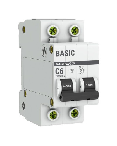 Автоматический выключатель 2P 6А (C) 4,5кА ВА 47-29 Basic (mcb4729-2-06C). Автоматический выключатель. EKF в Керчи
