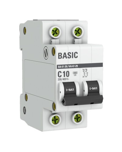 Автоматический выключатель 2P 10А (C) 4,5кА ВА 47-29 Basic (mcb4729-2-10C). Автоматический выключатель. EKF в Керчи