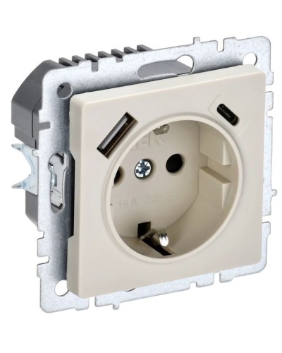 Розетка с з/к с USB A+C 18Вт РЮш11-1-БрКр бежевый BRITE (BR-R14-16-U22-018-K10). Розетка с заземлением с защитными шторками, 18Вт. IEK в Керчи